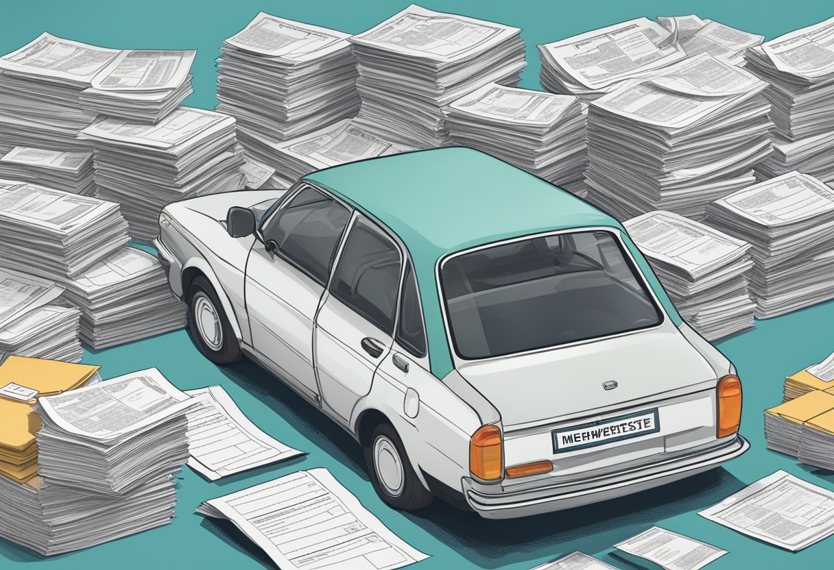 A car surrounded by insurance paperwork with a visible "mehrwertsteuer" label