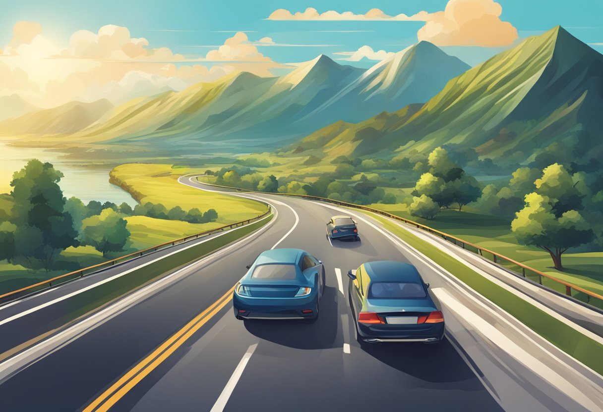 A car driving on a scenic road, passing through different countries with varying landscapes and cityscapes