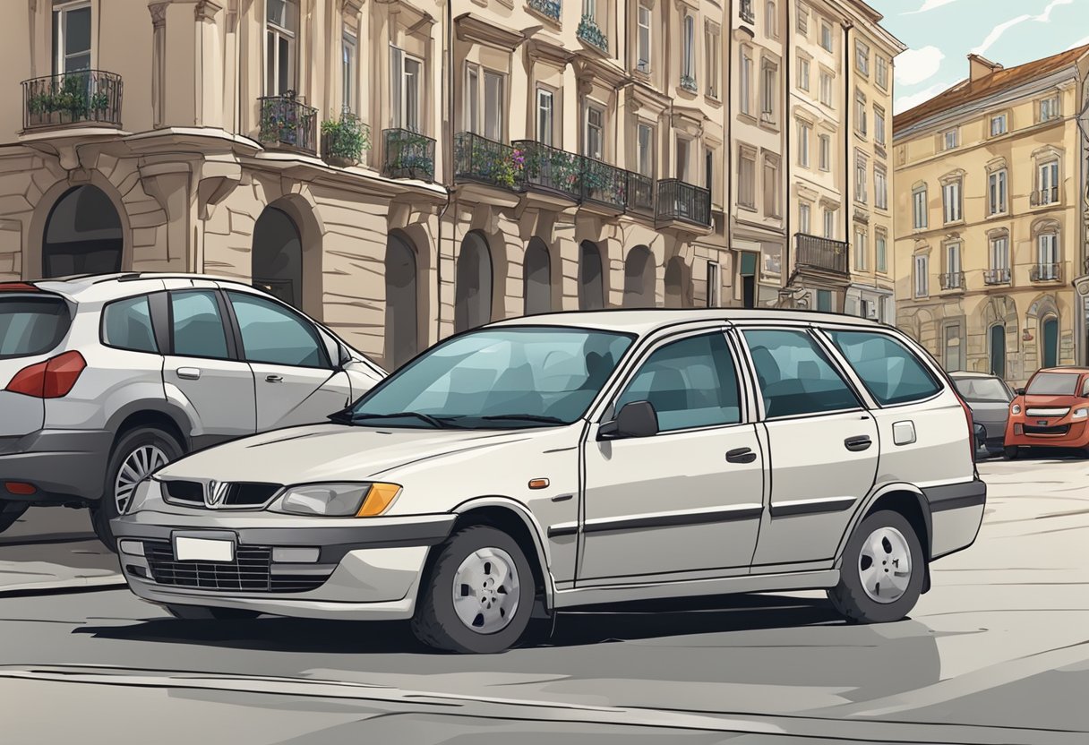 A car with a damaged front bumper parked on a narrow street in a foreign country. The surrounding buildings and street signs indicate that it is a European city