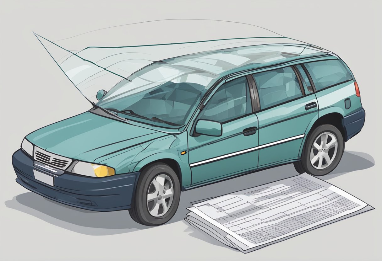 A car with a cracked windshield parked next to an insurance document showing a decrease in the damage-free class (SF class)