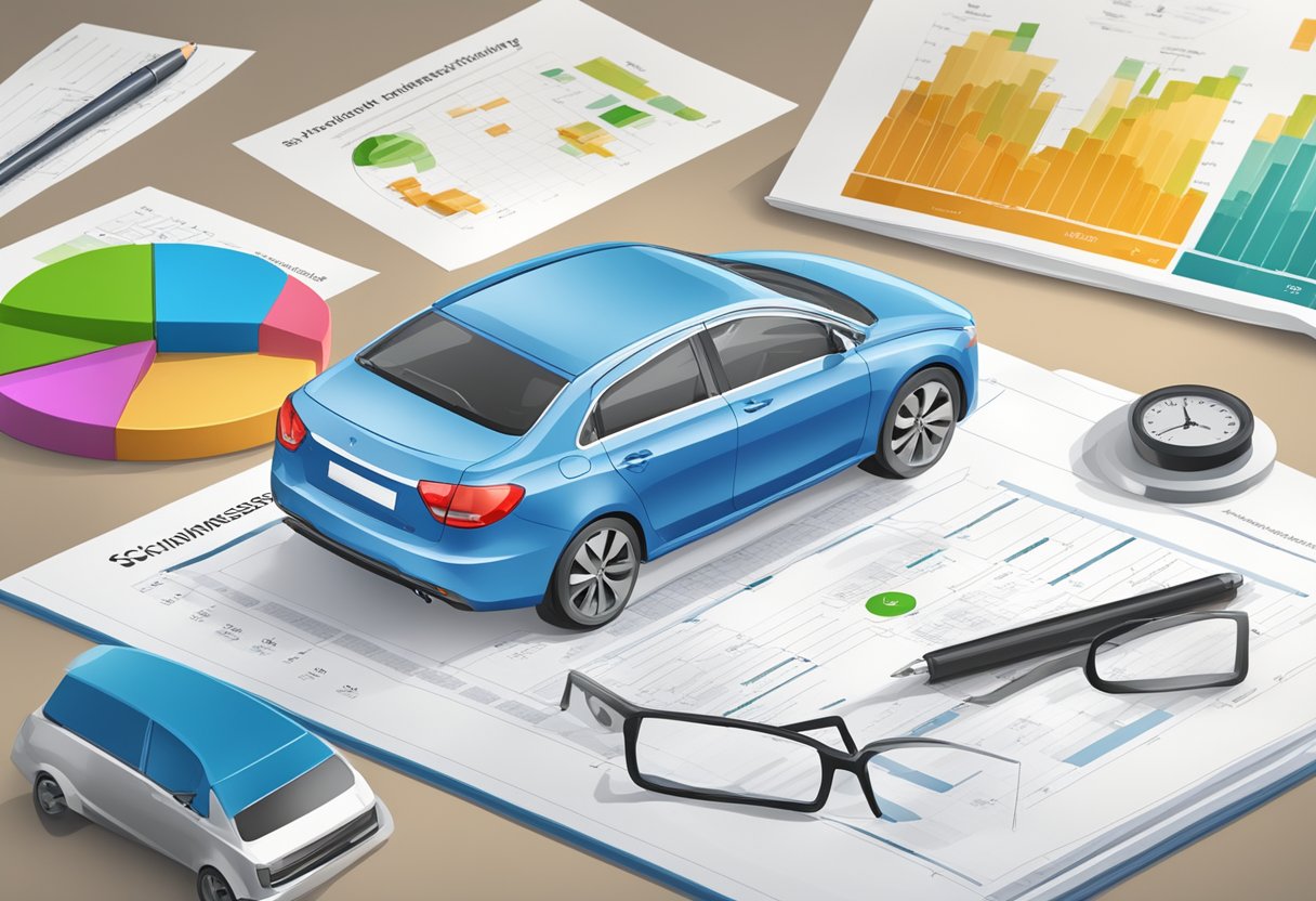 A car insurance policy document with a highlighted section on "SF-Klasse Rückstufung" and "Schadenfreiheitsklasse" surrounded by relevant charts and diagrams